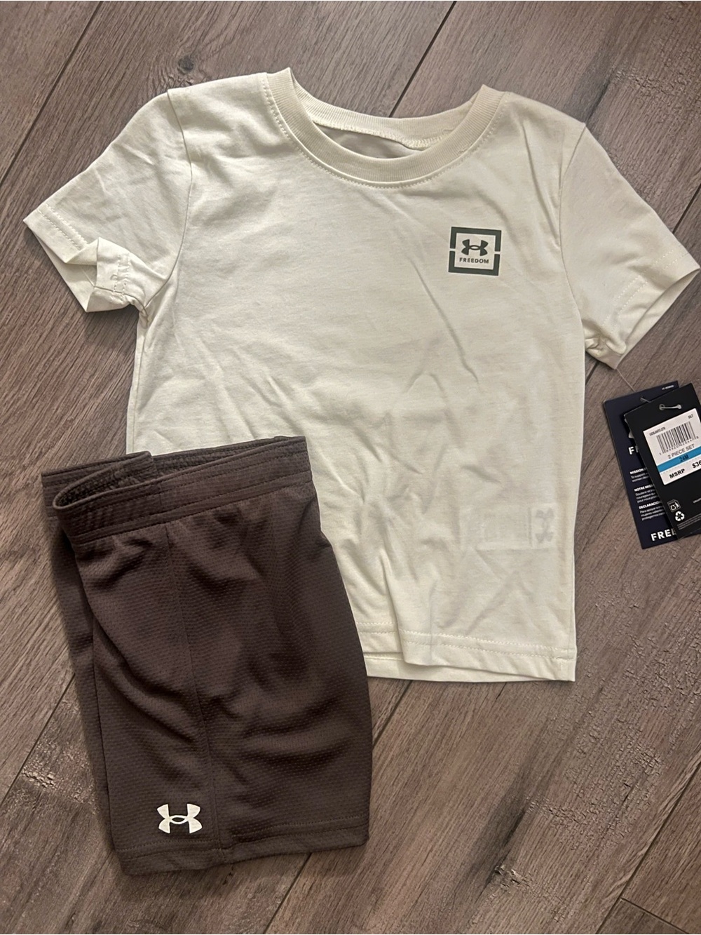 Under Armour Cream Tee with dark green Athletic Shorts - Kids